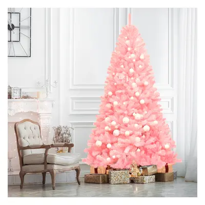 Costway Albero di Natale rosa 225 cm 1258 rami, Abete artificiale con cerniere e base di metallo