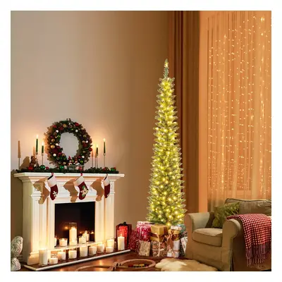 Costway Albero di Natale artificiale da 180cm, Albero di Natale slim decorativo con luci led bia