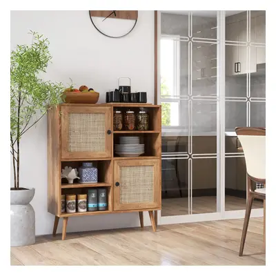 Costway Credenza in rattan con 4 scomparti e 2 porte decorate in rattan, Armadietto buffet in st