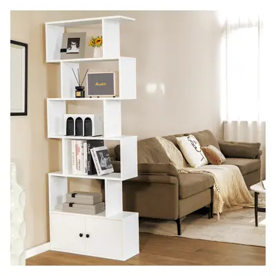 Costway Libreria a forma di S a 5 livelli con ante, Scaffale decorativo in legno per il soggiorn