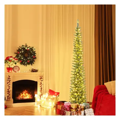 Costway Albero di Natale artificiale da 210cm, Albero di Natale slim decorativo con luci led bia