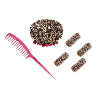 Jäneke Kit 4 bigodini leopardati, cuffia leopardata e pettine