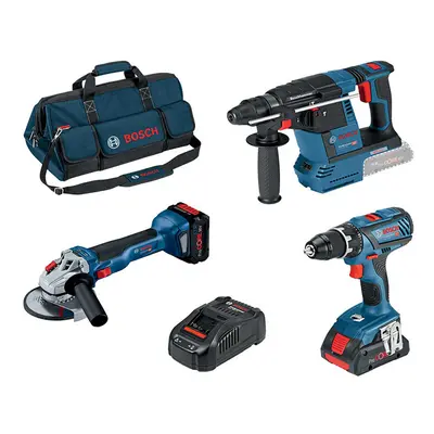 Bosch Kit martello, smerigliatrice e trapano con 2 batterie ProCore 18V, caricabatterie e borson