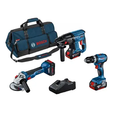 Bosch Kit trapano, smerigliatrice e perforatore con 3 batterie, caricabatterie e borsa