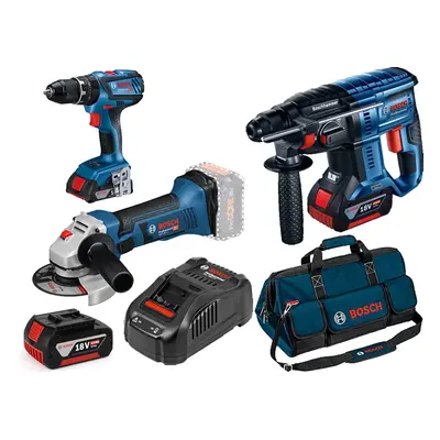 Bosch Kit martello, smerigliatrice e trapano con 3 batterie GBA 4ah, caricabatterie e borsone