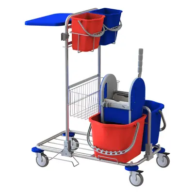 Carrello per pulizia professionale con 2 vasche da 15 lt con strizzatore, portasacco 120lt