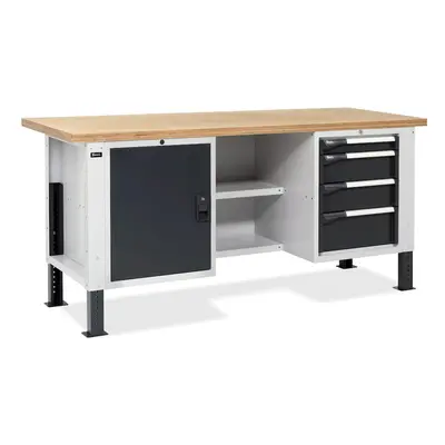 Banco da lavoro regolabile Fami Master BR 200cm piano in legno 4 cassetti, armadio e semipiano