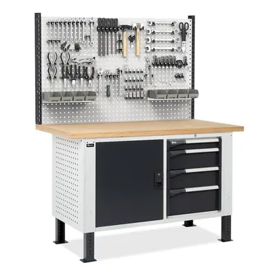 Banco da lavoro regolabile Fami Master BR 150cm piano legno, cassettiera, armadio e parete forat