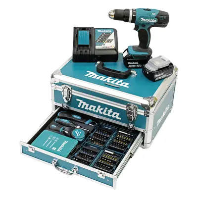 Trapano avvitatore a percussione Makita 18V LXT con 2 batterie 3.0Ah, valigetta e 96 accessori