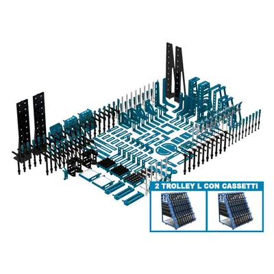 Accessori di serraggio 252 pezzi per tavoli saldatura SteelExpert GPPH, fori 28mm con 2 trolley 