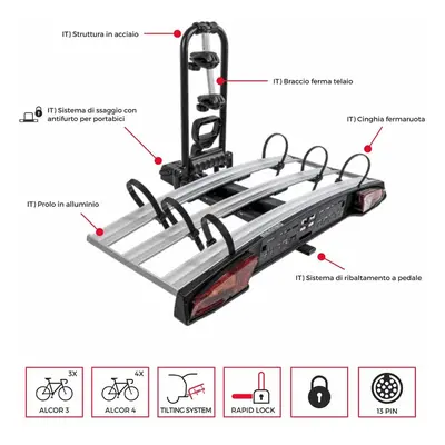 Portabici Alcor per Gancio Traino, 3 Bici, E-Bike e FAT BIKE, Ribaltabile e Sicuro