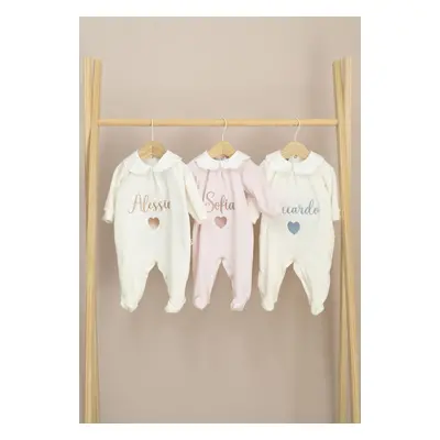 Tutina Ciniglia Collezione Nome Personalizzato Celeste polvere / Collo rouches / 3-6 M