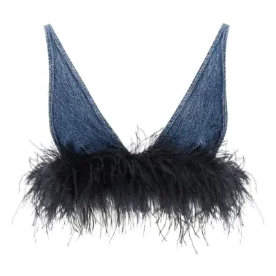 MIU MIU Top bralette in denim e piume