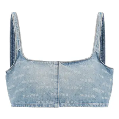 MIU MIU Crop top in denim con motivo logo