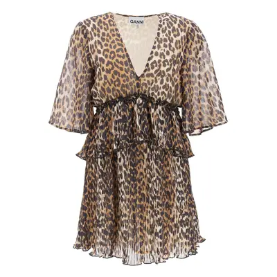 Ganni-Mini Abito Plissettato Con Motivo Animalier-Donna