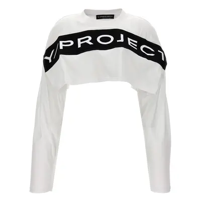 Y/Project-Logo Cropped T Shirt Bianco/Nero-Donna