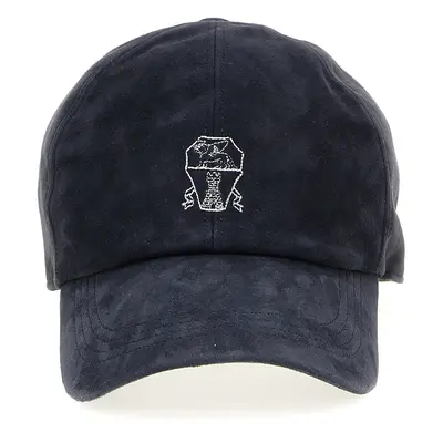 Brunello Cucinelli-Suede Cap With Logo Embroidery Cappelli Blu-Uomo