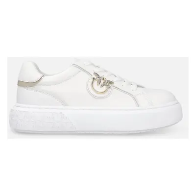 Pinko, Sneakers flatform con suola alta e logo in metallo, Bianco/platino, 40