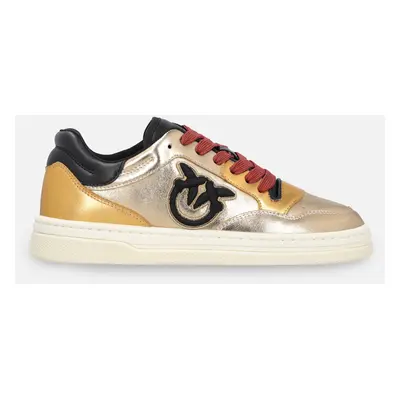 Pinko, Scarpe sneakers laminate con ricamo logato, Oro/nero, 35