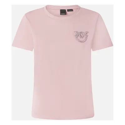 Pinko, T-shirt maniche corte con ricamo gioiello Love Birds, Rosa zefiro, XS