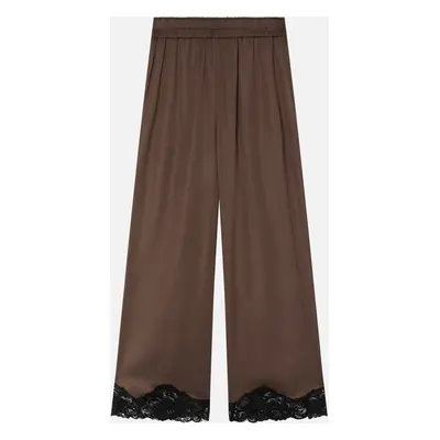 Pinko, Pantaloni palazzo in satin con pizzo al fondo, Marrone/nero, XXS