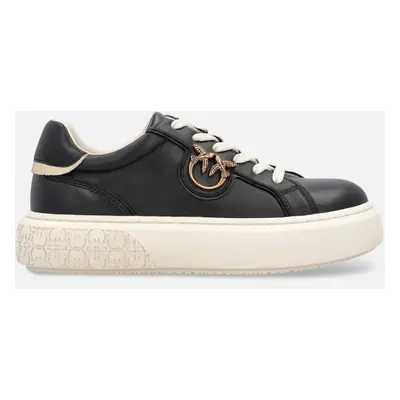 Pinko, Sneakers flatform con suola alta e logo in metallo, Nero/platino, 35