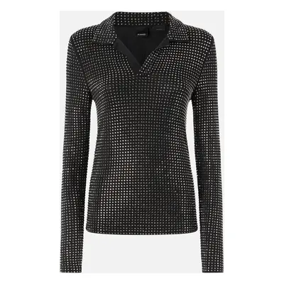 Pinko, Polo a maniche lunghe con strass, Nero limousine, XS