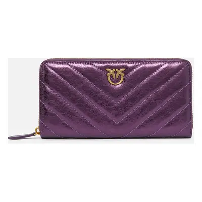 Pinko, Portafoglio rettangolare in pelle trapuntata metallica, Plum-antique gold, U