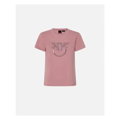 Pinko, T-shirt con ricamo logo Love Birds in cristalli, Rosa zefiro, XS