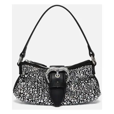 Pinko, Borsetta morbida Jolene in pelle con strass, Nero limousine-nikel lucido, U