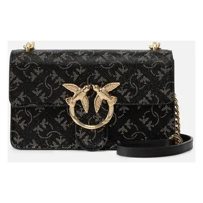 Pinko, Borsetta a tracolla Mini Love Bag in pelle con strass Monogram, Nero/argento-oro, U