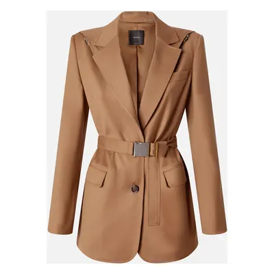 Pinko, Blazer monopetto in flanella con cappuccio e cintura, Marrone noce, 42