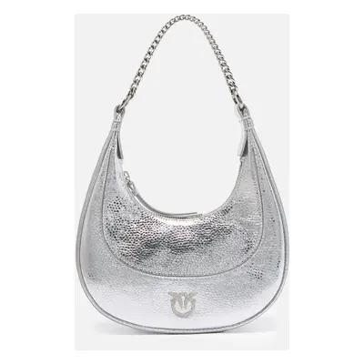 Pinko, Mini borsa Brioche Bag a mano pelle metallizzata, Argento-nickel lucido, U