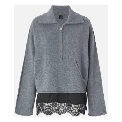 Pinko, Maglia misto cachemire con zip e pizzo al fondo, Grigio/nero, XS