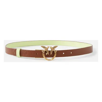 Pinko, Cintura sottile in pelle double face con fibbia 2cm, Marrone/verde-antique gold, L