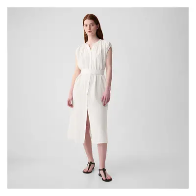 Vestito GAP Shortsleeve Gauze Tie Waist Button Down Midi Dress New Off White