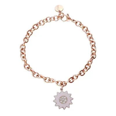 Bracciale in acciaio rosato con pendente fiore rosa e strass