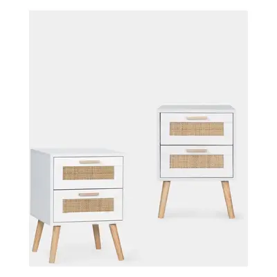 Set 2 comodini a 2 cassetti in legno bianco e rattan naturale. Tahiti