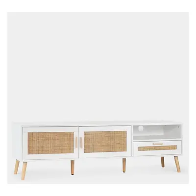 Mobile TV 160 in white wood and natural rattan Tahiti