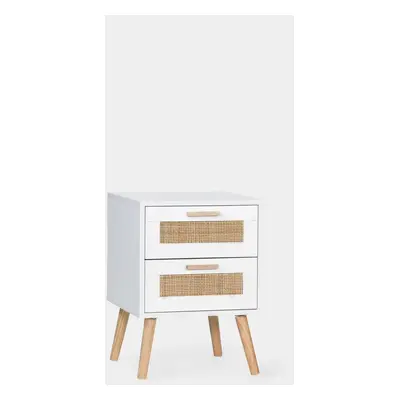 Comodino con 2 cassetti in legno bianco e rattan naturale Tahiti