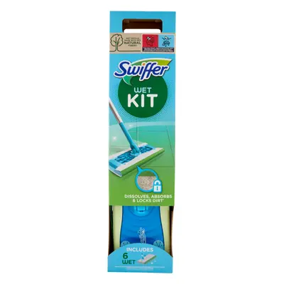 Swiffer Wet Kit - Scopa + 6 Panni Umidi Lavapavimenti con Detersivo Pavimenti -